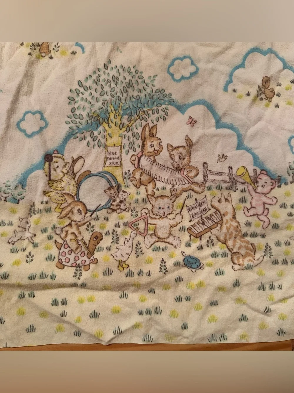 Vintage Dundee Baby Receiving Blanket - 40” x 26” - pale yellow bunnies ducks